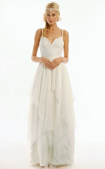 Long Spaghetti Draped Chiffon Wedding Dress With V Back