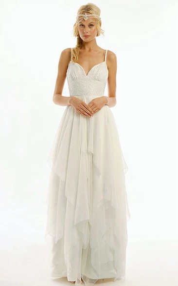 Long Spaghetti Draped Chiffon Wedding Dress With V Back