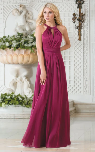 High-Neck A-Line Chiffon Bridesmaid Dress With Keyhole Back And Pleats