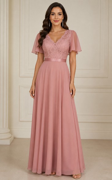 Chiffon Mother of the Bride Dress in Dusty Rose, V-neck A-Line Floor-Length Gown with Lace and Sash/Ribbon