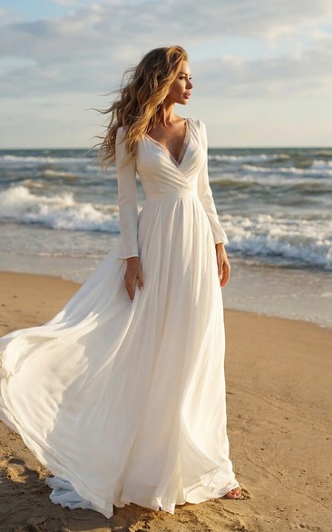 Long Sleeve Boho Bridal Gown with Flowy Skirt