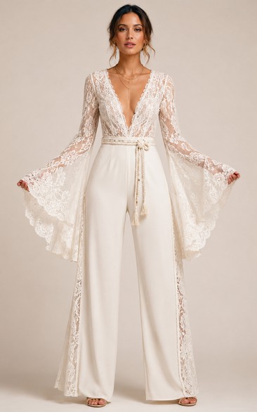 Boho Jumpsuit Wedding Dress Long Bell Sleeve V-Neck Lace Floor Length White