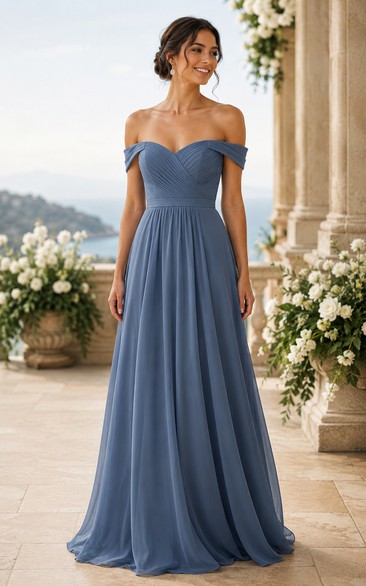 Steel Blue Off-the-Shoulder Chiffon A-Line Bridesmaid Dress