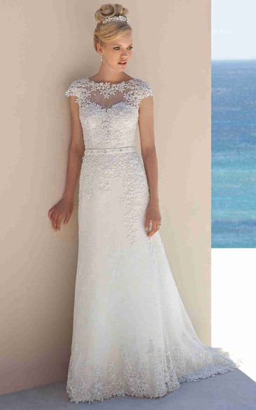 Sheath Jewel-Neck Sleeveless Long Lace Wedding Dress Styles With Appliques