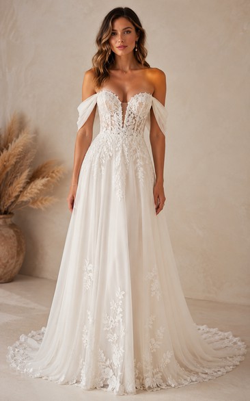 Boho A-Line Wedding Dress Off Shoulder Sweetheart Tulle Lace Applique Floor Length Chapel Train Ivory
