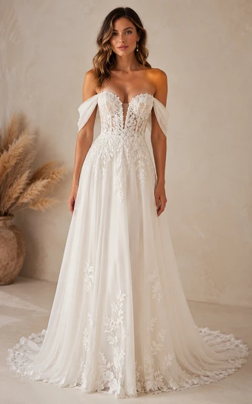 Boho A-Line Wedding Dress Off Shoulder Sweetheart Tulle Lace Applique Floor Length Chapel Train Ivory