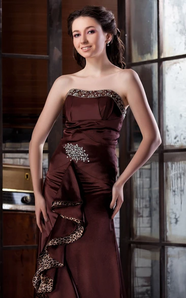 Strapless Beaded Leopard-Printed High-Low Dress With Draping