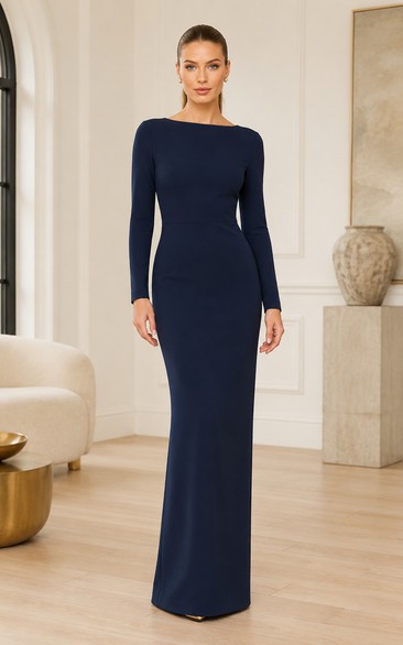 Dark Navy Long Sleeve Bateau Neck Sheath Formal Gown with Minimalist Floor Length Skirt