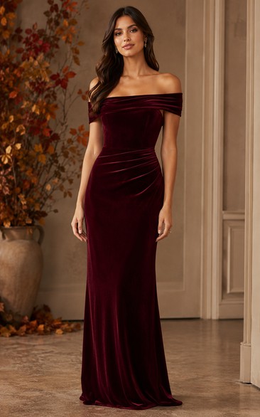 Burgundy Velvet Off-the-Shoulder Sheath Bridesmaid Dress