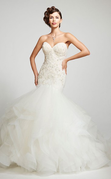Mermaid Beaded Sweetheart Organza Wedding Dress With Ruffles And Backless Design