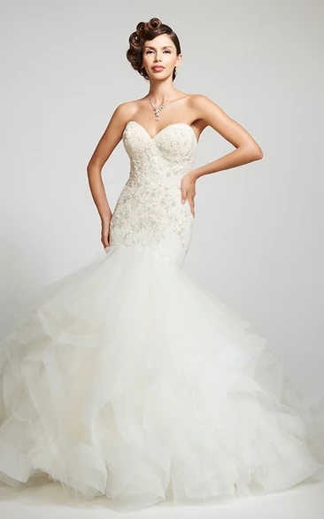 Mermaid Beaded Sweetheart Organza Wedding Dress With Ruffles And Backless Design