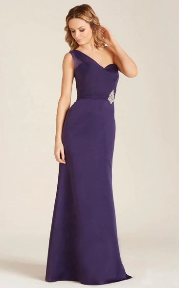 Maxi Jeweled One-Shoulder Sleeveless Satin Bridesmaid Dress