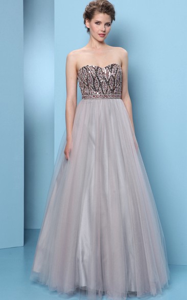 A-Line Beaded Sweetheart Sleeveless Floor-Length Tulle Prom Dress With Pleats