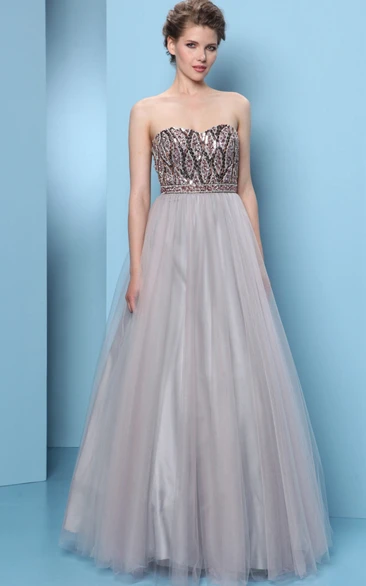 A-Line Beaded Sweetheart Sleeveless Floor-Length Tulle Prom Dress With Pleats