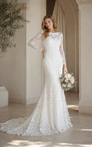 Lace Bateau Mermaid Elegant Long Sleeve Wedding Dress With V-back
