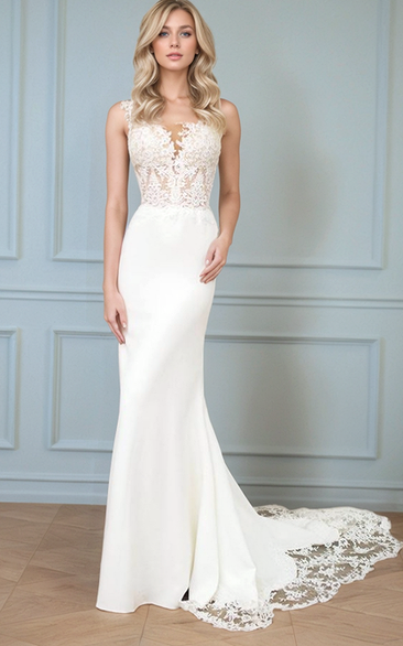 Elegant Lace & Satin Fit-and-Flare Wedding Dress with Train