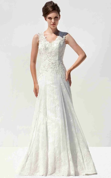 A-Line Appliqued V-Neck Sleeveless Floor-Length Lace Wedding Dress