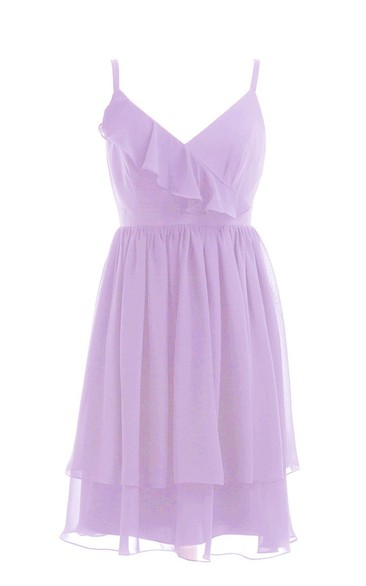 Chic Spaghetti Straps V-neck Short Dress With Tieres