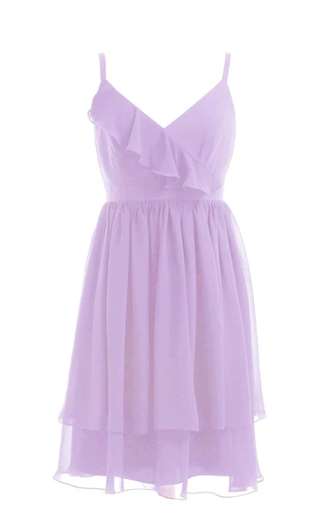 Chic Spaghetti Straps V-neck Short Dress With Tieres