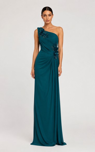 Jersey Evening Dress in Peacock, One-Shoulder Sheath Floor-Length Gown with Flower and Drape