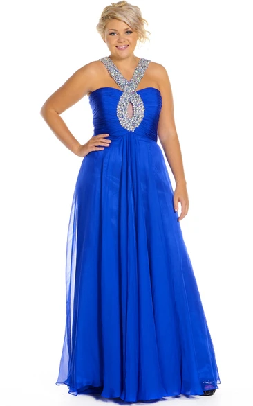 A-Line Beaded Sleeveless Long Chiffon Prom Dress With Zipper Back And Pleats
