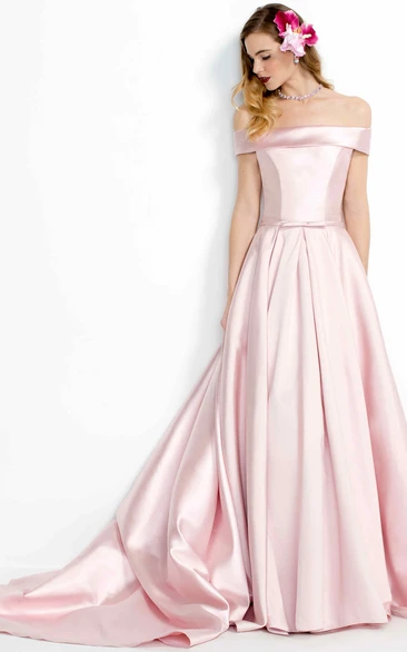 A-Line Floor-Length Off-The-Shoulder Satin Prom Dress