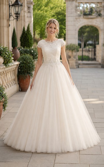 Ivory Cap Sleeve Lace Ball Gown Wedding Dress
