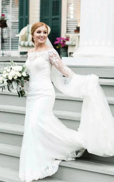 Off-the-shoulder Sheath Long Sleeve Lace Sweep Train Wedding Dress