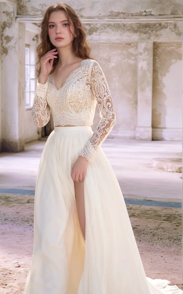 Two Piece Lace Long Sleeve Wedding Dress Chiffon Skirt