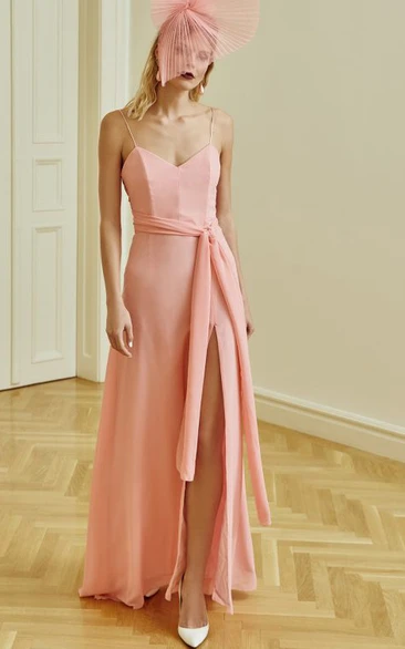  Floor-length Sleeveless Chiffon A Line Prom Dress with Sash