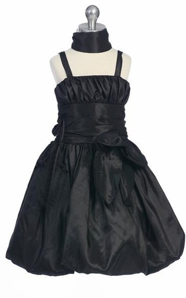 Tea-Length Straps Bowed Split-Front Taffeta Flower Girl Dress