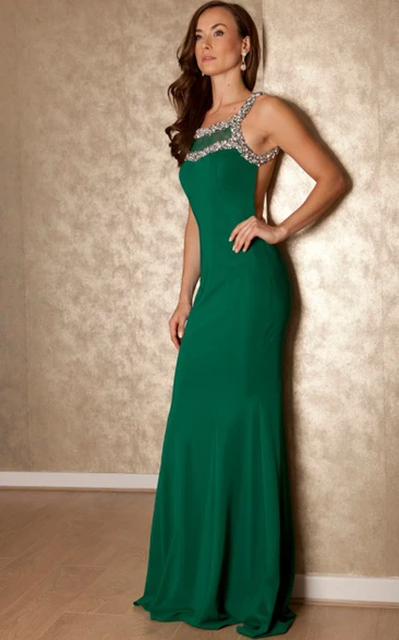 Beaded Strapped Sleeveless Jersey Prom Dress With Brush Train