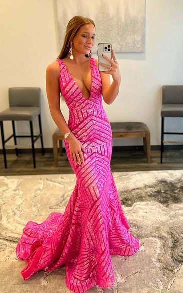 Bold Hot-Pink Sequin Mermaid Gown with Geometric Pattern