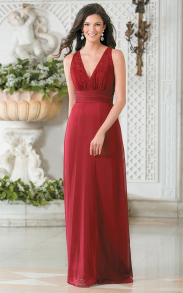 Sleeveless V-Neck A-Line Long Bridesmaid Dress With Lace Bodice And Keyhole Back