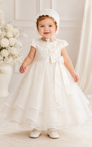 Baby Christening Gown Modest Princess Ball Gown Cap Sleeve Tulle Lace Tea-Length with Bonnet in Ivory