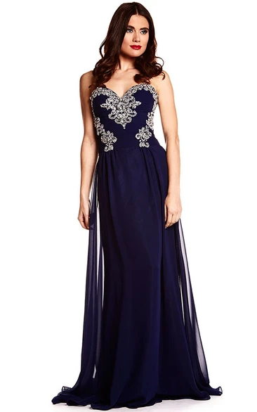 A-Line Sweetheart Sleeveless Maxi Beaded Chiffon Prom Dress With Lace-Up Back And Sweep Train