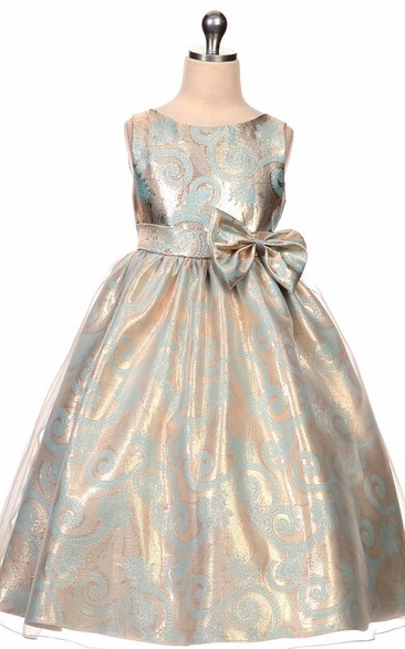 Tea-Length Tiered Bowed Sequins&Organza Flower Girl Dress With Sash