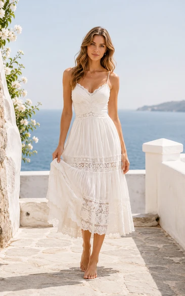 Spaghetti Strap Tea-Length Boho Wedding Dress with Lace Bodice and Tiered Skirt