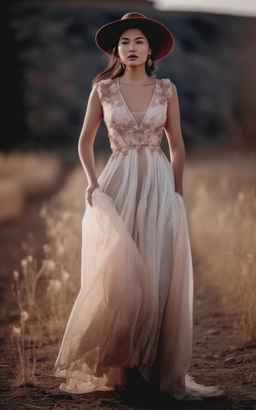 Vestido de novia occidental sin mangas con escote en V, de tul y corte imperio con apliques.