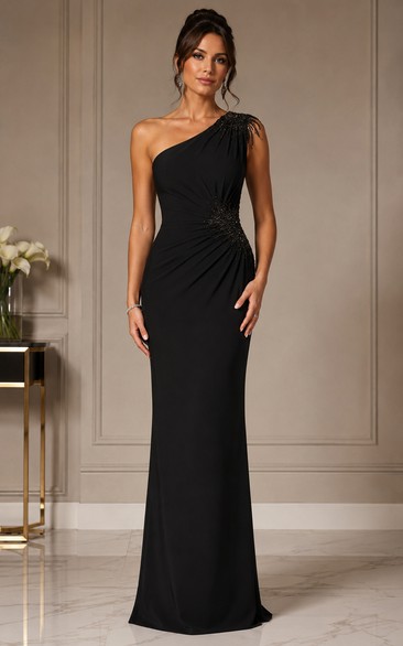 One-Shoulder Beaded Formal Sheath Gown