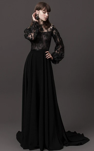 Sexy Floor-length Long Sleeve Chiffon A Line Guest Dress with Ruching