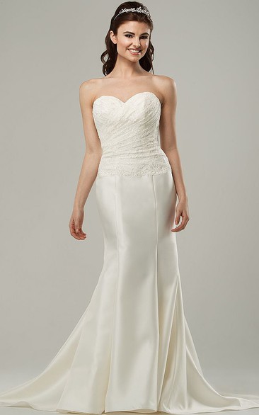 Sweetheart Long Side-Draped Satin Wedding Dress With Sweep Train And Corset Back