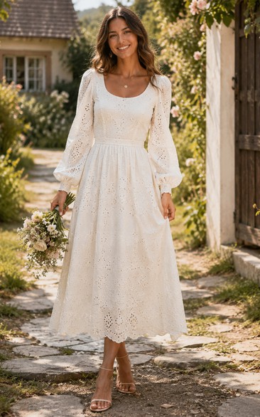 Boho Cottagecore Eyelet Wedding Dress with Scoop Neckline, Long Bishop Sleeves & Tea Length A-Line Skirt