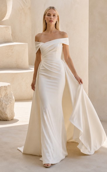 Off-the-Shoulder Satin Sheath Wedding Dress with Side Drape