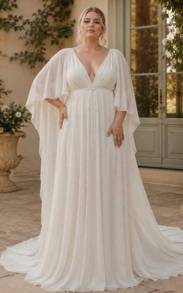 Fairy Empire Plunged Poest Sleeve Greece style Chiffon Wedding Dress with Watteau Train