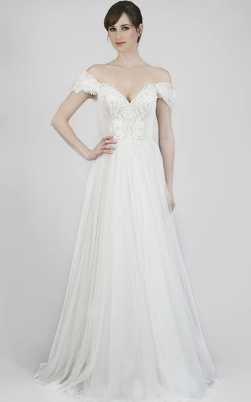 Off-The-Shoulder Floor-Length Appliqued Chiffon Wedding Dress