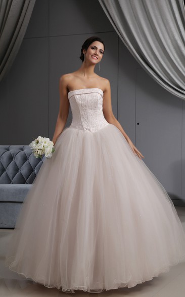 Blushing Pink A-Line Ball Gown With Embroideried Bodice and Tulle Overlay