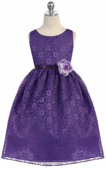 Tea-Length Floral Tiered Lace Flower Girl Dress