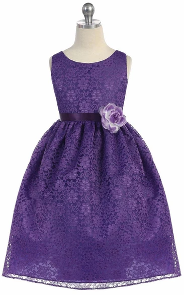 Tea-Length Floral Tiered Lace Flower Girl Dress