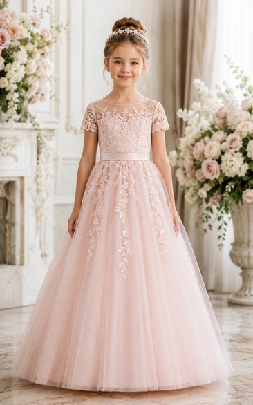 A-Line Cap Sleeve Lace Tulle Flower Girl Dress with Appliques